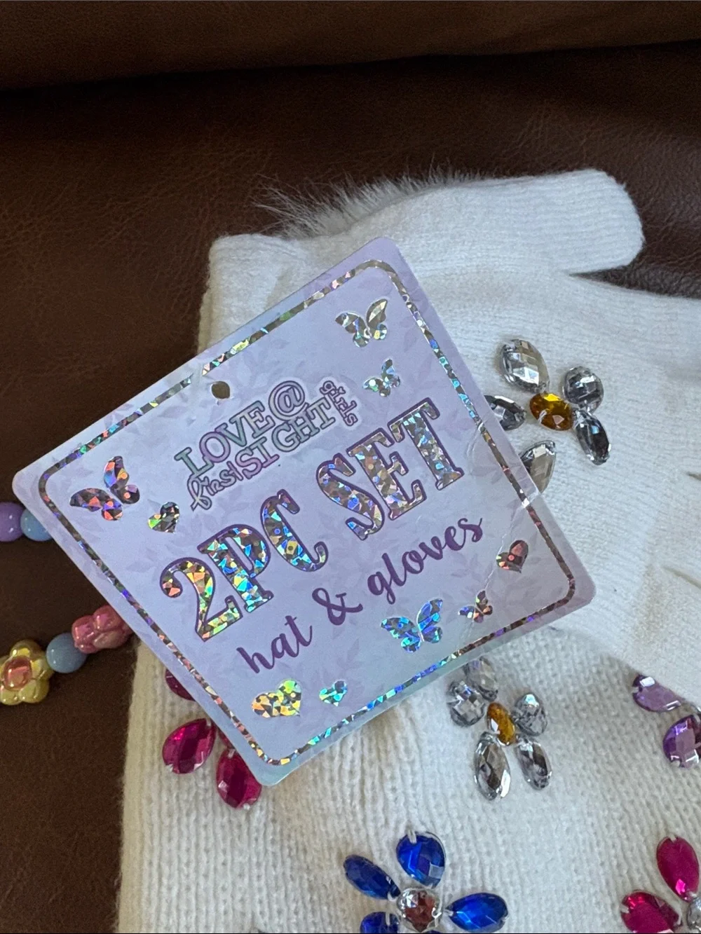 Love White Kids Hat & Gloves Set with Multicolor Gem Flowers